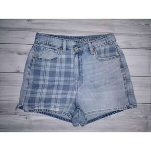 American Eagle Outfitters High Waisted Mom Shorts Plaid Denim Blue Size 0